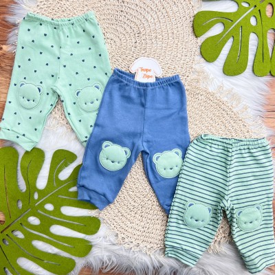  Kit 3 Calças - Teddy - Verde e Azul Jeans